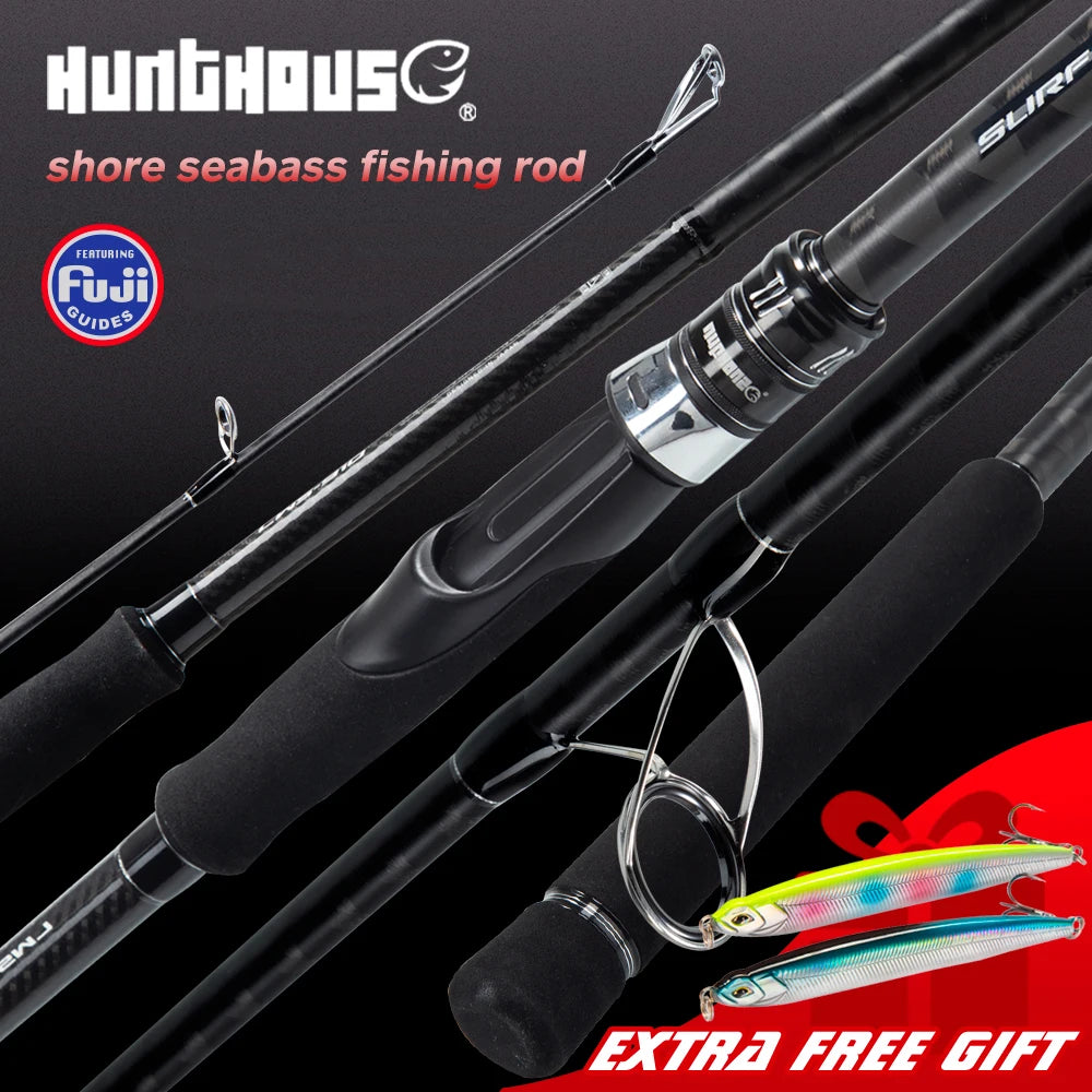 HUNTHOUS shore seabass fishing rod with Fuji guides, carbon blank, EVA handle, and free lure gift