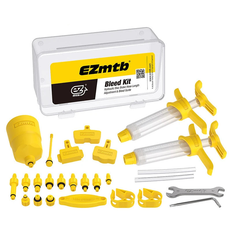 Hydraulic brake bleed kit packed with syringes adapters and case
