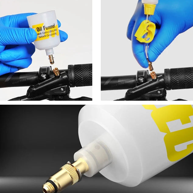 Hydraulic brake bleeding process shown on bicycle brake system