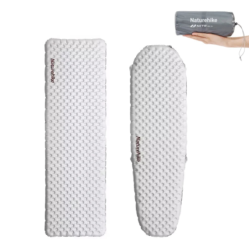 Inflatable camping mat shown in square and mummy shapes