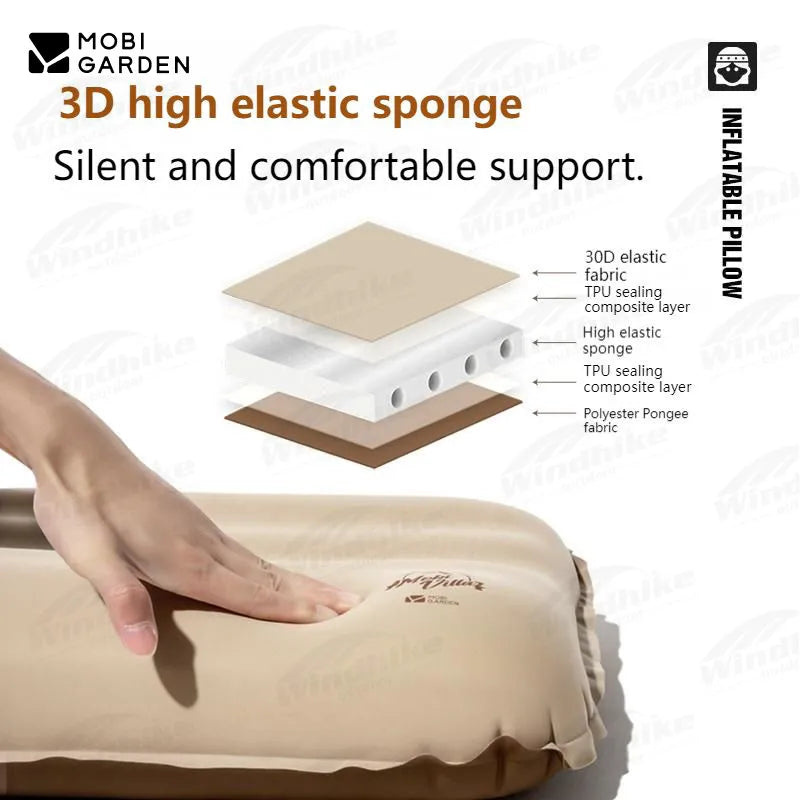 Inflatable camping pillow showing internal sponge core layers