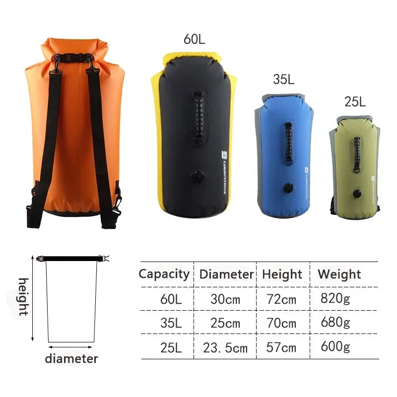 Inflatable waterproof dry bag sizes 25L 35L 60L