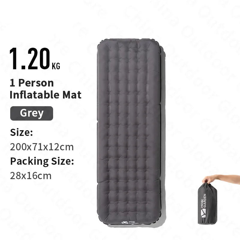Grey one person inflatable mattress with packed size display