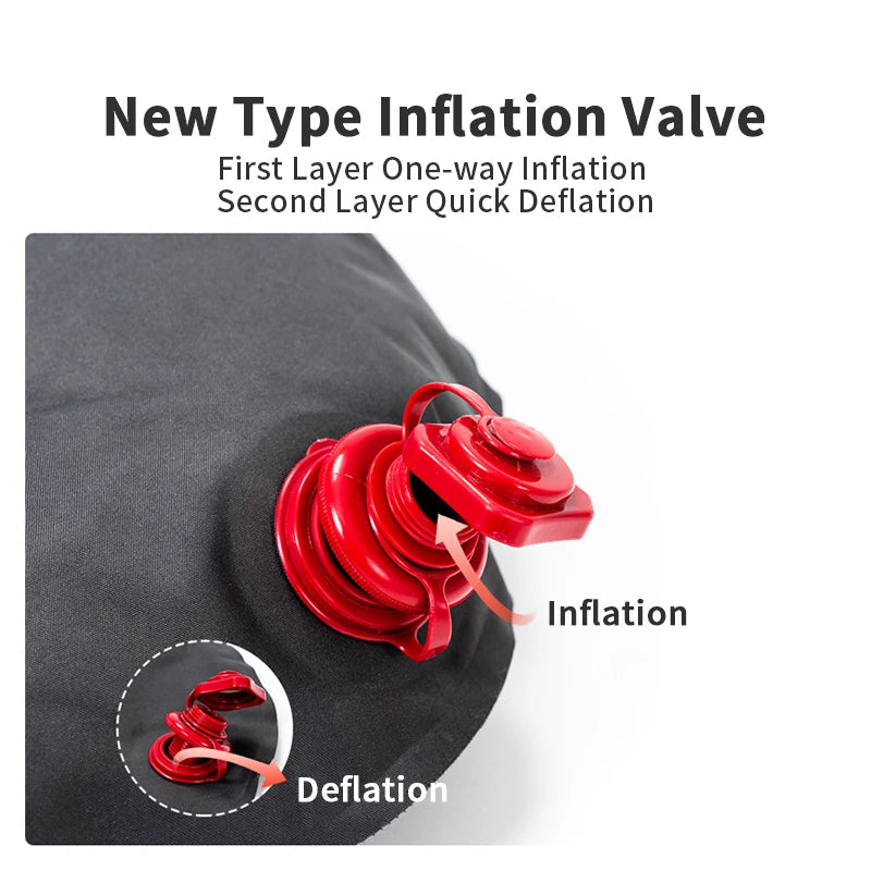 Close-up of red quick inflation valve on mattress surface