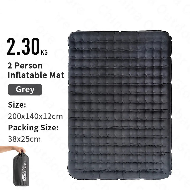 Dark grey two person inflatable mattress folded and displayed flat
