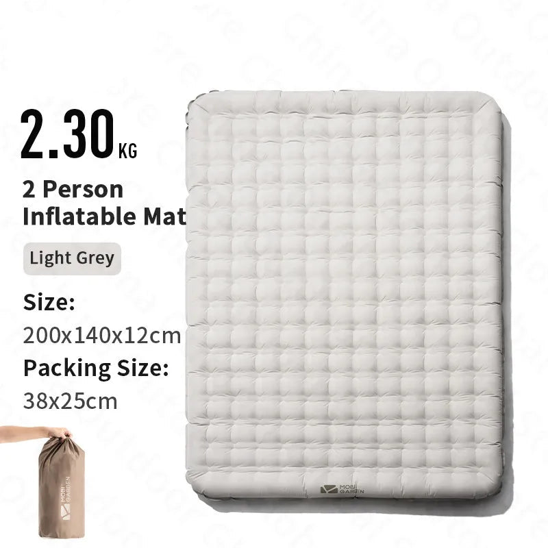 Light grey two person inflatable mattress with dimensions shown