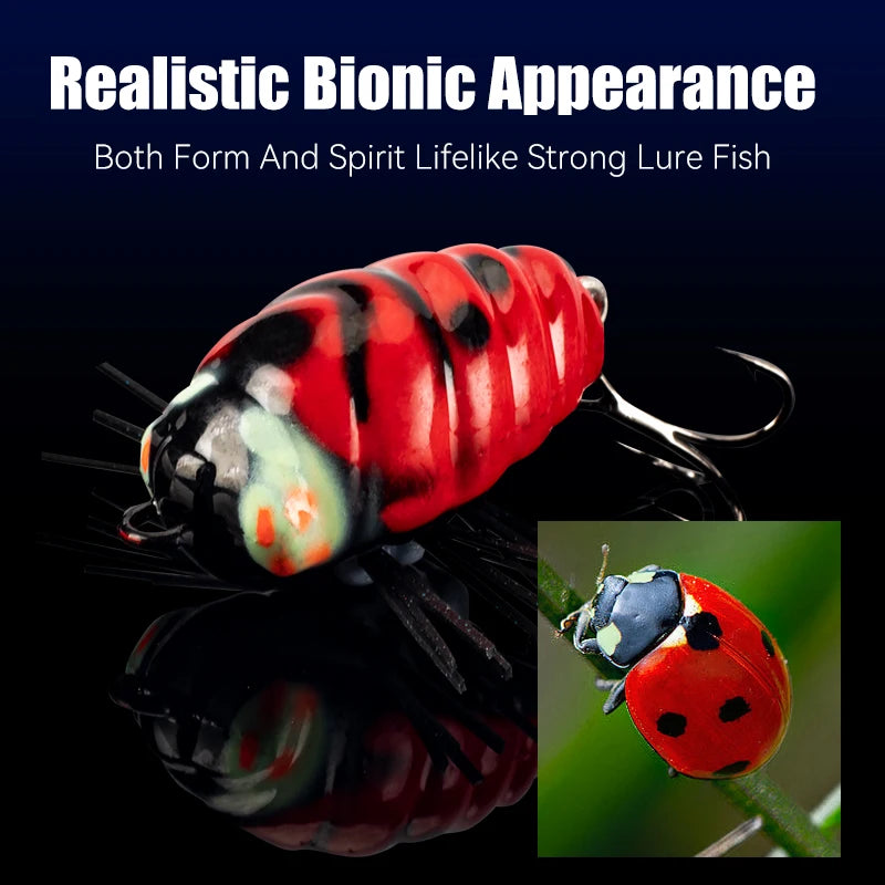 Insect-style fishing lure shown with close-up body and hook details