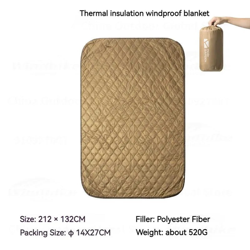 Insulated camping blanket laid flat showing dimensions