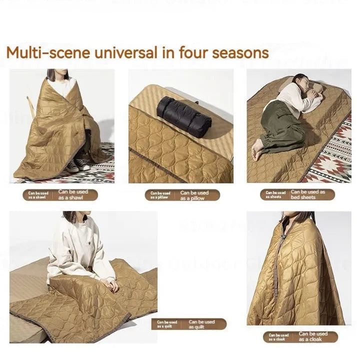 Insulated camping blanket shown in multiple outdoor uses