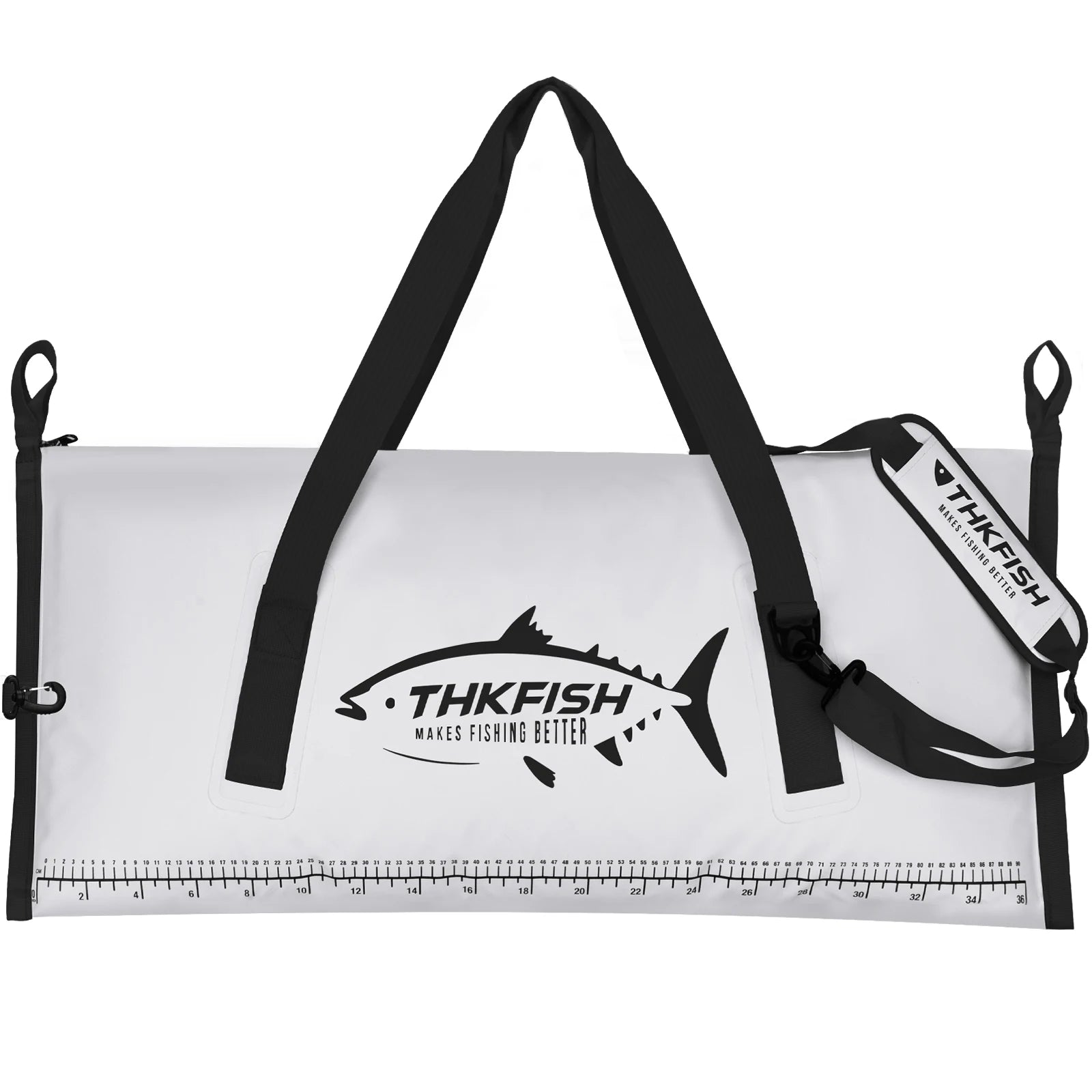 Waterproof fishing cooler bag with black carry strap