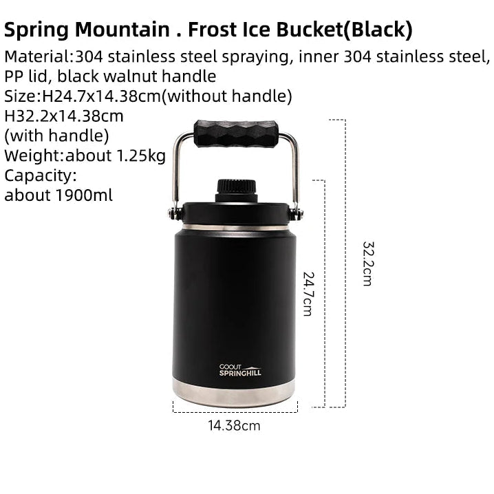 Black insulated ice bucket with dimensions shown