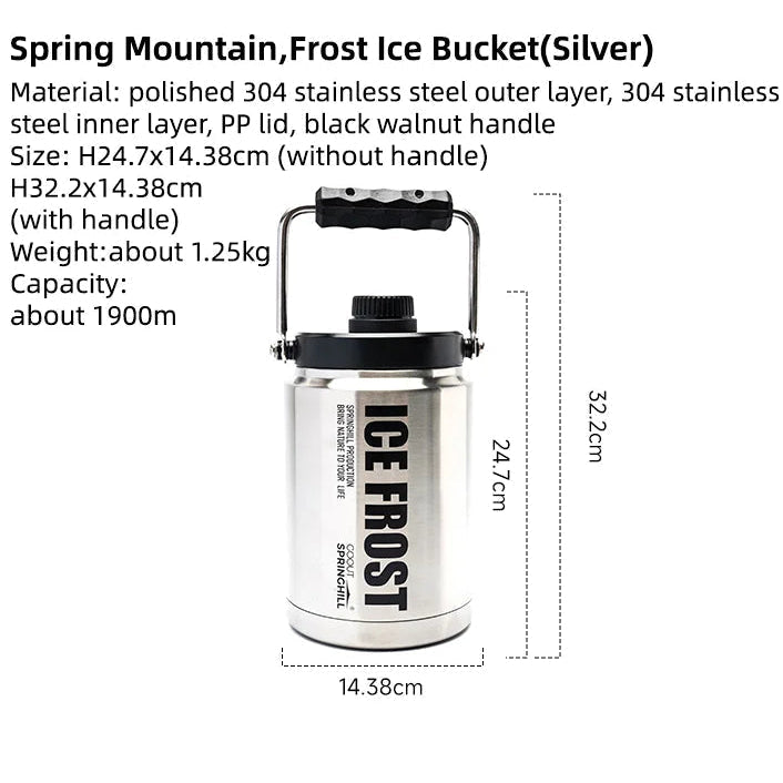 Silver insulated ice bucket with size diagram