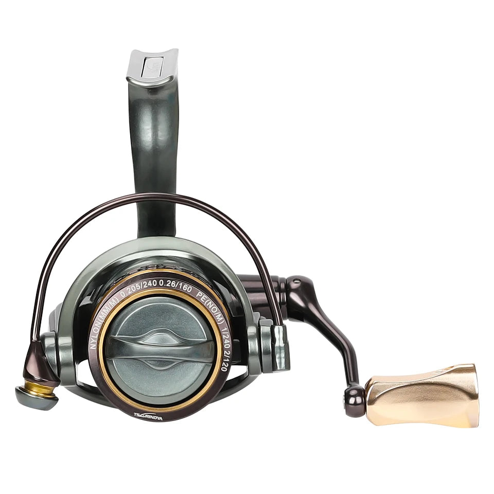 ront view of JAGUAR spinning reel showing compact body and reinforced handle for balance and control