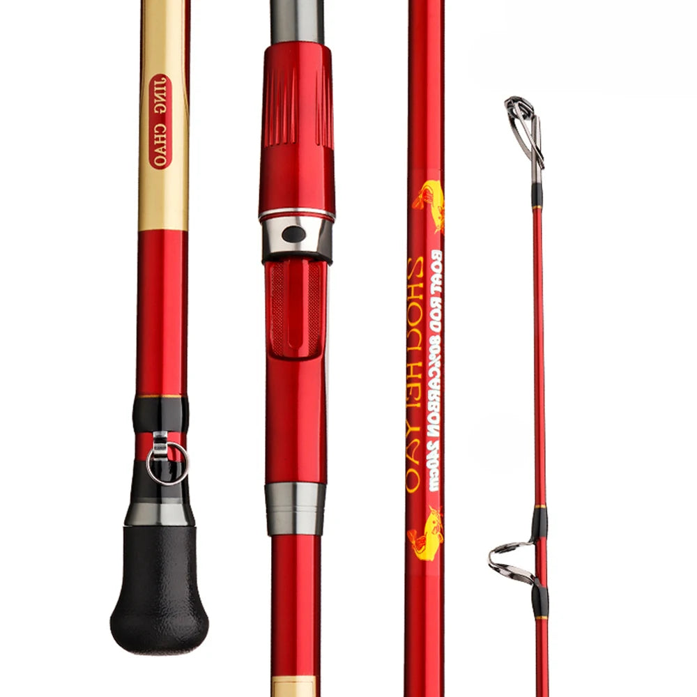 Close-up of reel seat and lower handle section of red carbon jigging rod