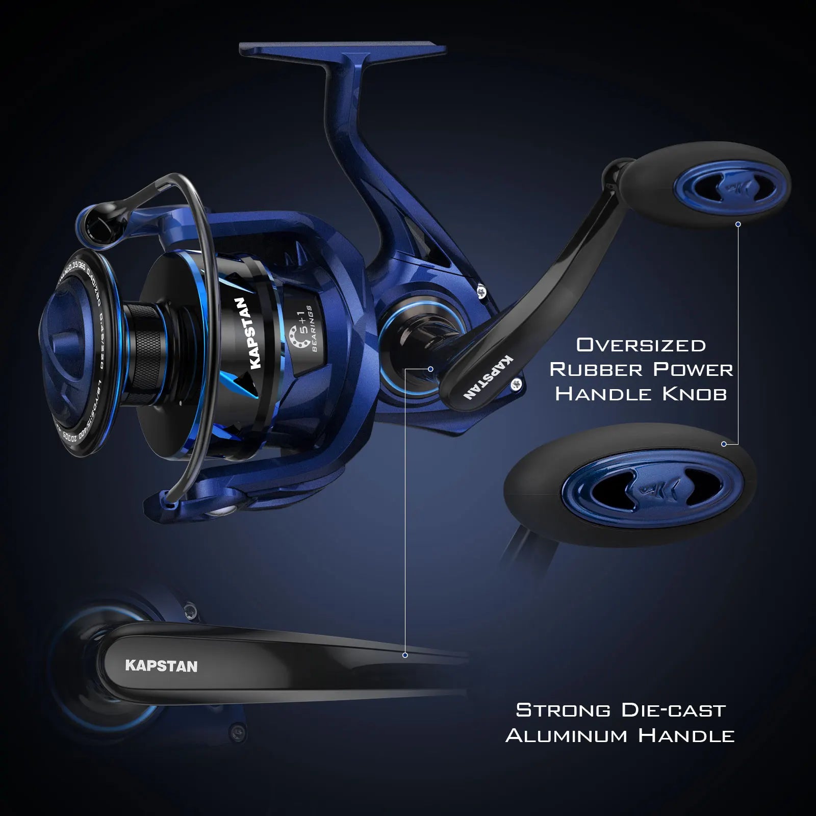 KAPSTAN SE blue-black spinning reel front view showing balanced rotor and anti-reverse clutch design