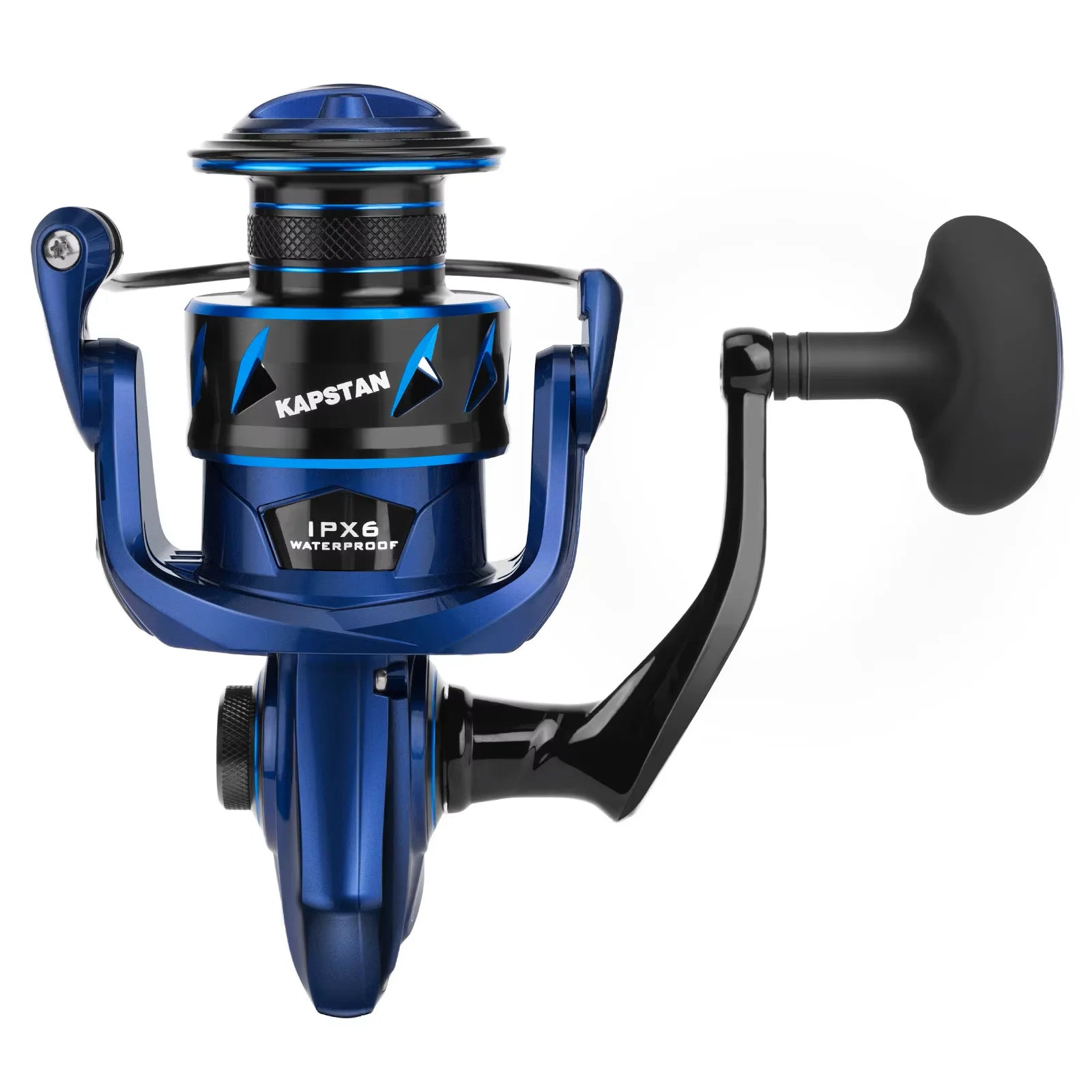 KAPSTAN SE pre-loading spinning reel side profile showing ergonomic TPE handle and precision spool balance
