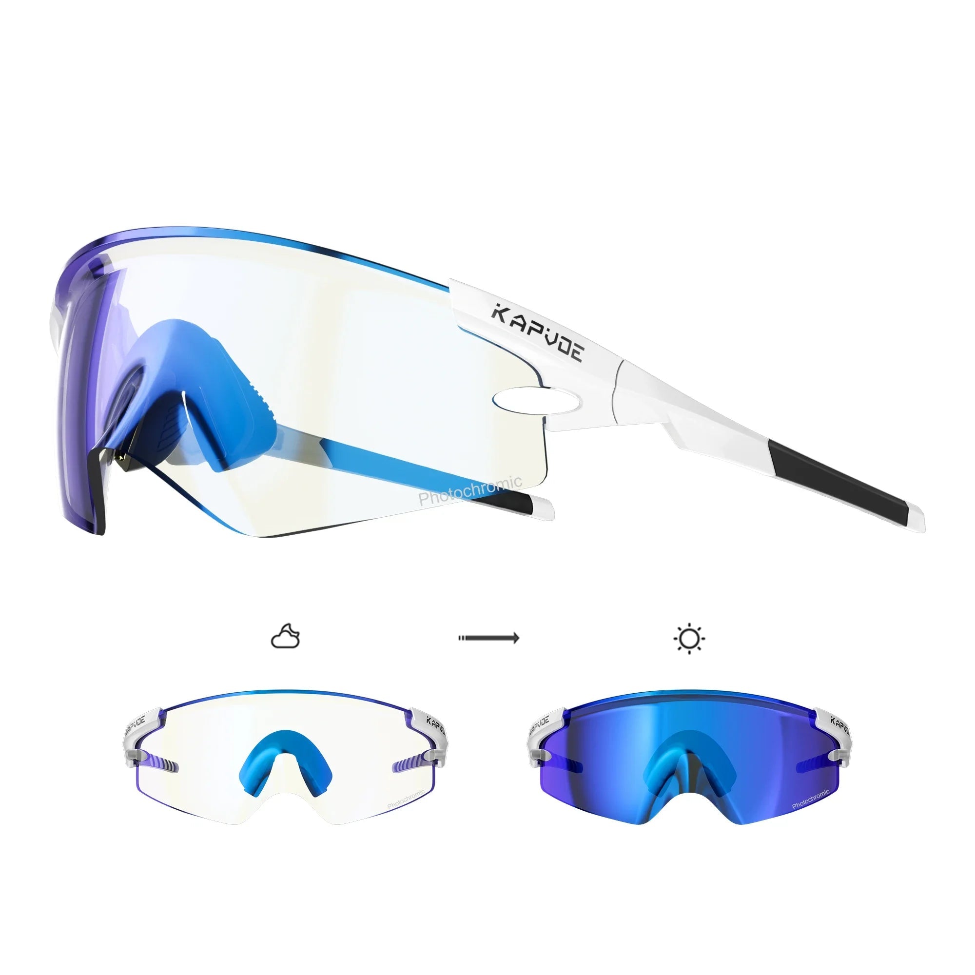 KAPVOE cycling sunglasses with blue photochromic lenses and white aerodynamic frame for clear outdoor vision