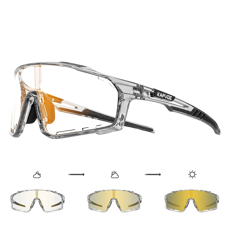KAPVOE amber-lens performance sunglasses with clear TR-90 frame and photochromic protection