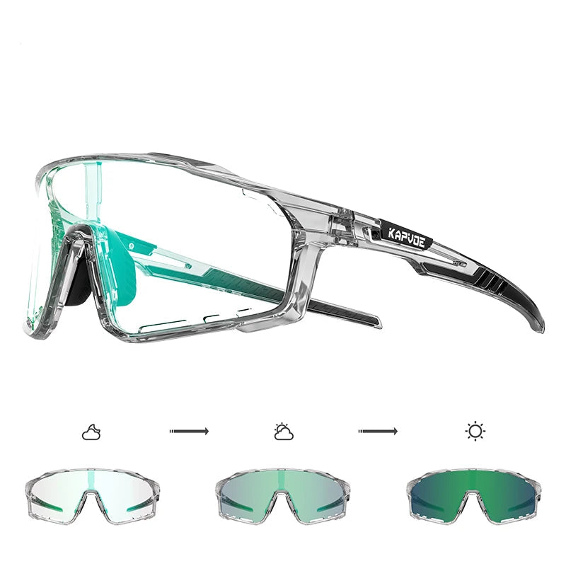 KAPVOE clear frame cycling sunglasses with aqua green photochromic lens and nano-tech clarity