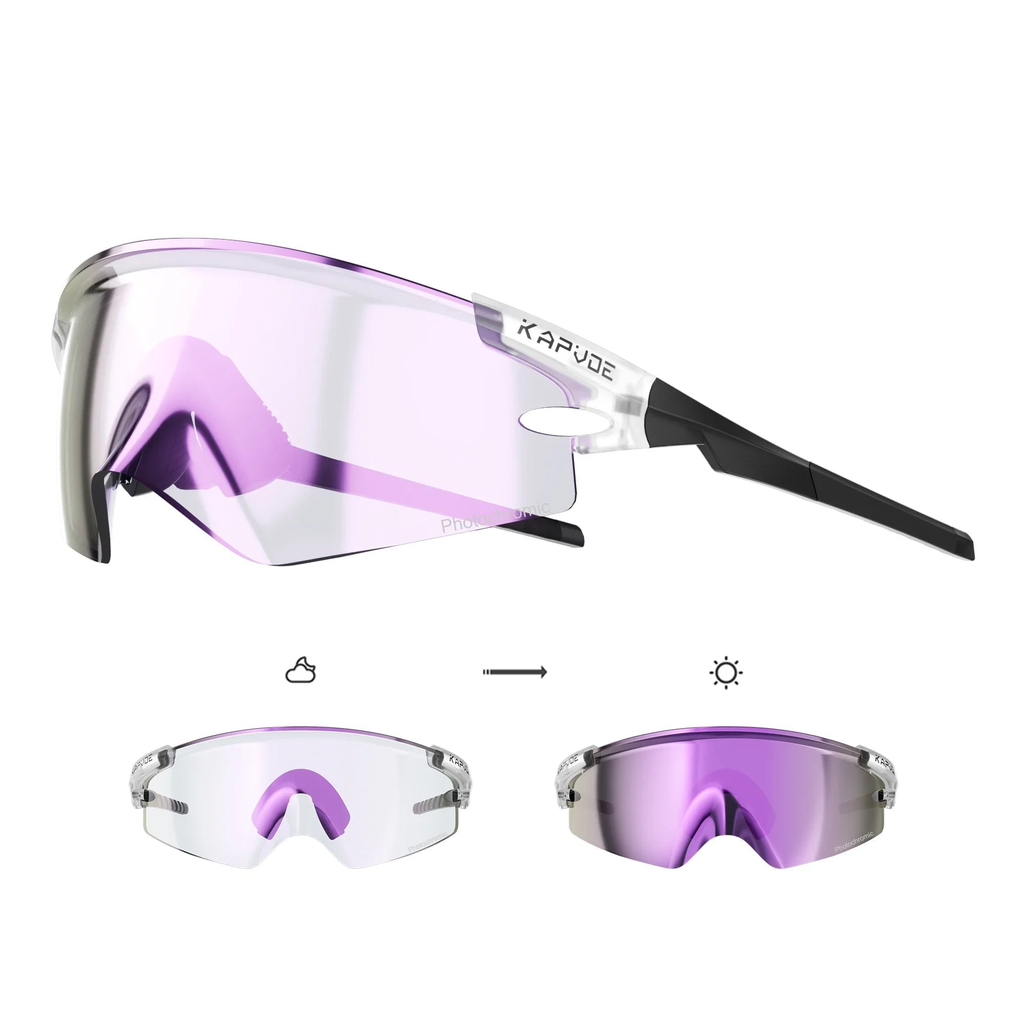 KAPVOE sports sunglasses with light purple photochromic lenses offering glare reduction and comfortable nose pads