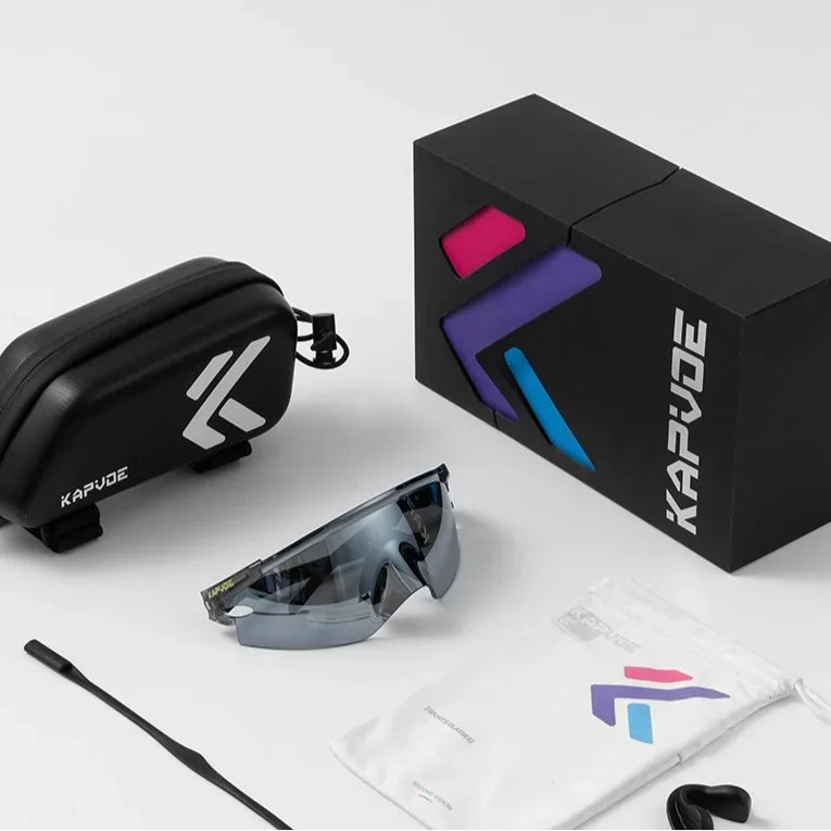 KAPVOE cycling sunglasses accessory pack including storage box, lens cloth, and interchangeable lens set
