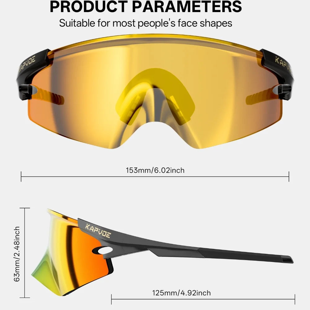 Size chart showing KAPVOE cycling sunglasses lens width, height, and fit dimensions for unisex use