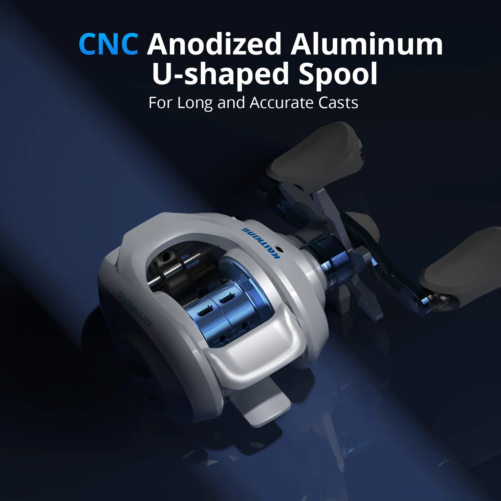 CNC anodised aluminium spool of the Centron Lite baitcasting reel for smooth line release and casting precision