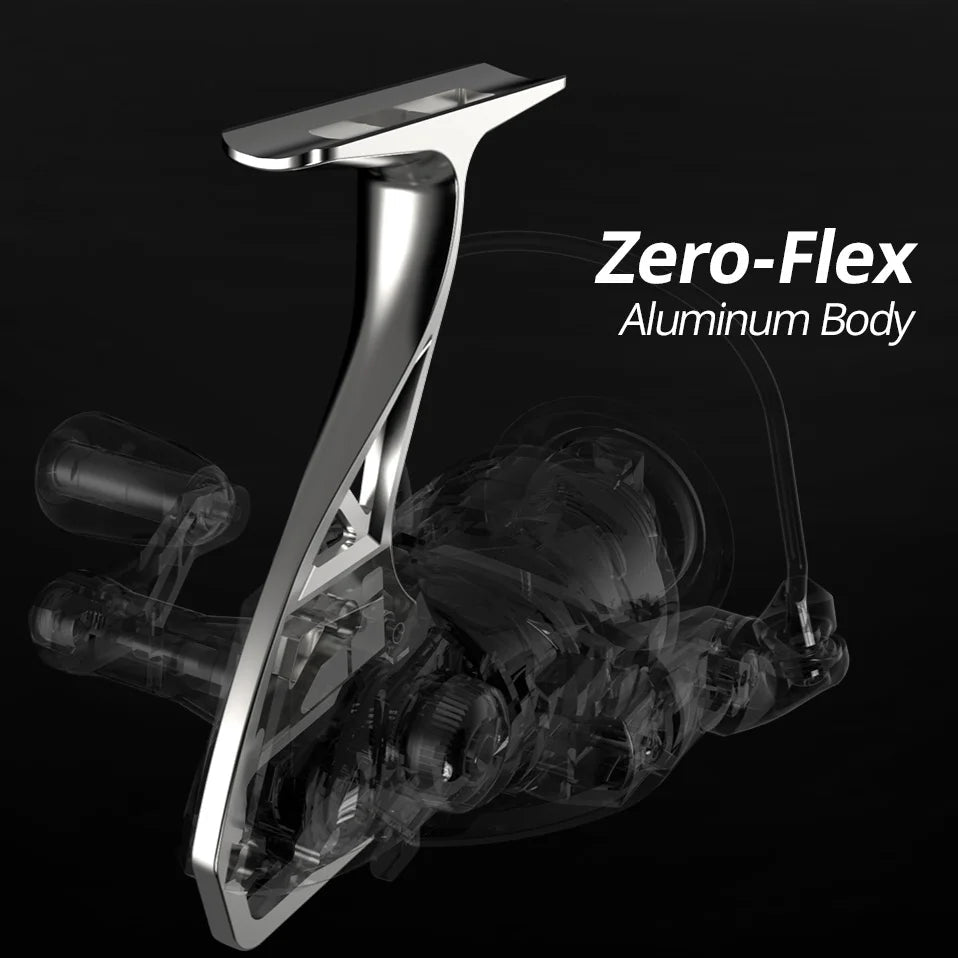 KASTKING Megatron spinning reel showing Zero-Flex aluminium body for strength and stability