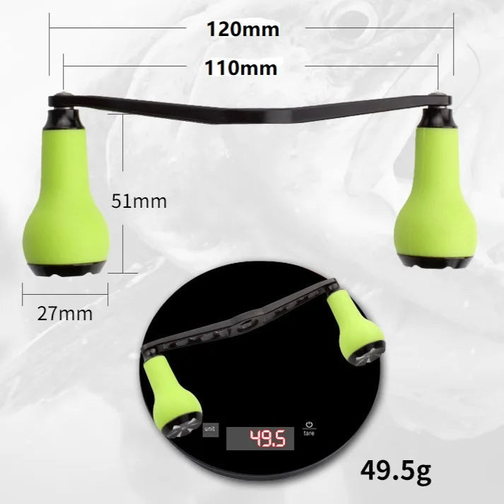 KAWA B001 aluminium handle dimension chart showing 120 mm length and dual hole sizes for baitcasting reel fit
