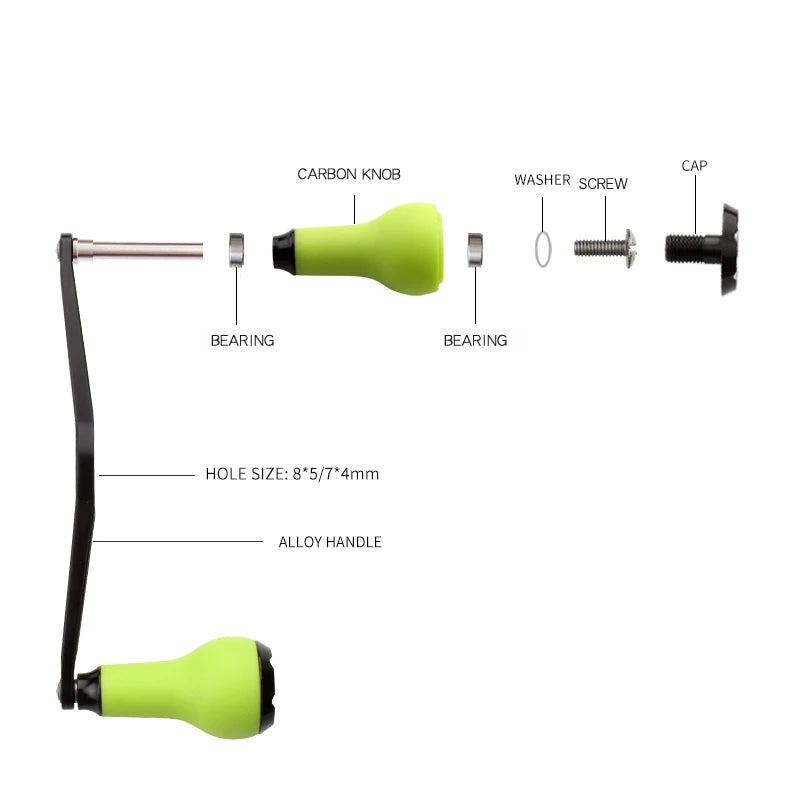 KAWA aluminium TPE handle detail image showing 49.5 g weight and hole size compatibility for baitcasting reels