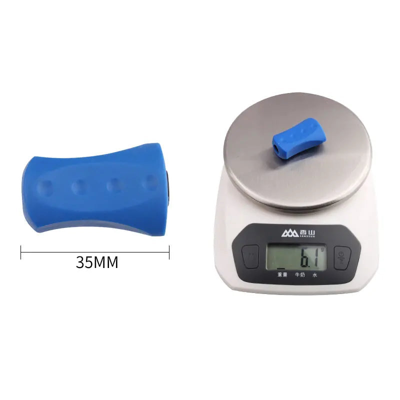 KAWA blue aluminium handle grip shown on scale for lightweight design comparison and tuning use