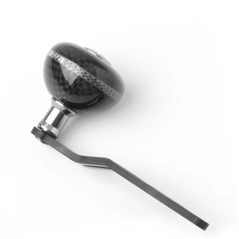 Side view of KAWA Car002 carbon fibre reel handle showing lightweight structure and precision alignment for baitcasting reels