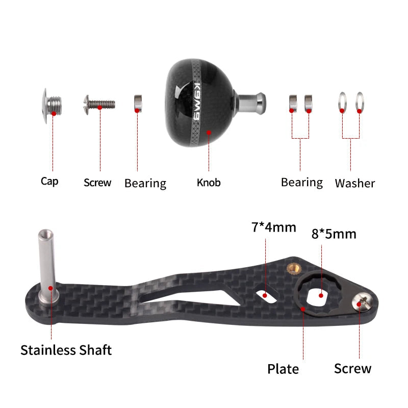 KAWA Car002 carbon fibre reel handle component diagram showing stainless shaft, washers, and bearing layout