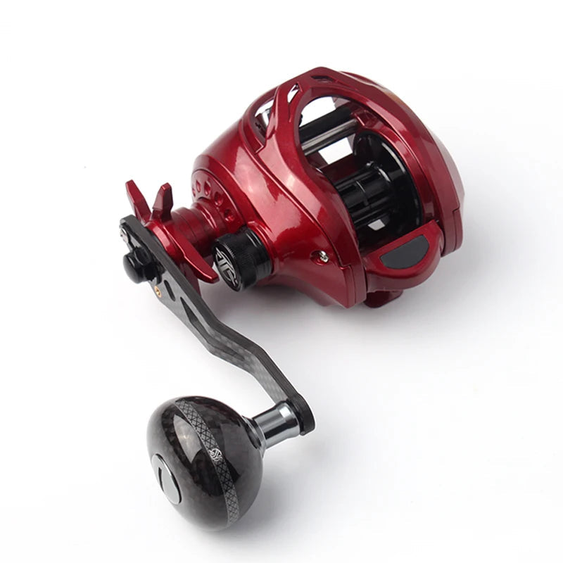 KAWA Car002 double handle on red baitcasting reel showing ergonomic control and durable carbon frame