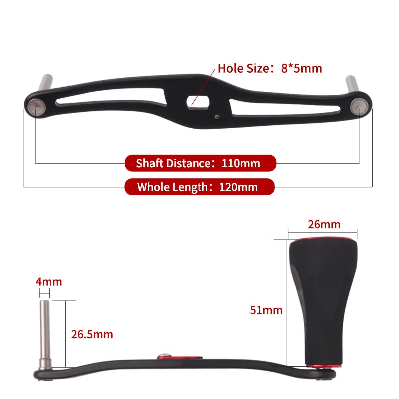 KAWA D001 handle measurement diagram showing shaft distance and aluminium construction details