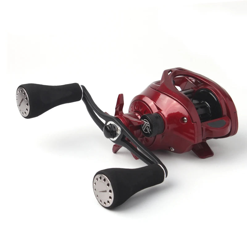 KAWA D001 EVA knob aluminium handle installed on red baitcasting reel showing ergonomic control and stylish finish