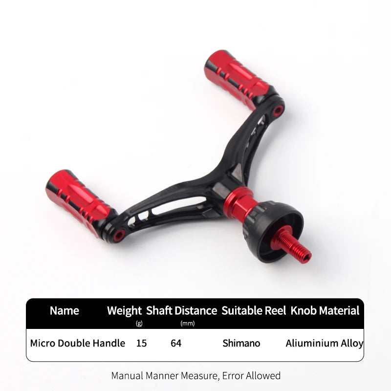 KAWA D001 red and black aluminium double reel handle compatible with SHIMANO spinning reels, lightweight and precision balanced