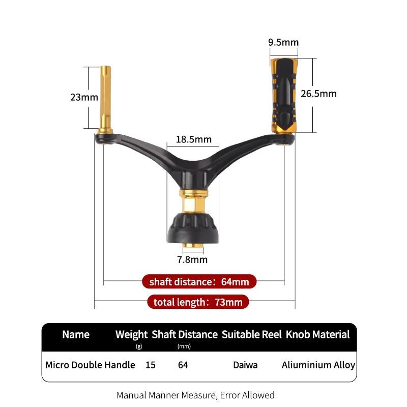 KAWA aluminium double handle measurement diagram showing shaft distance and reel fitting dimensions