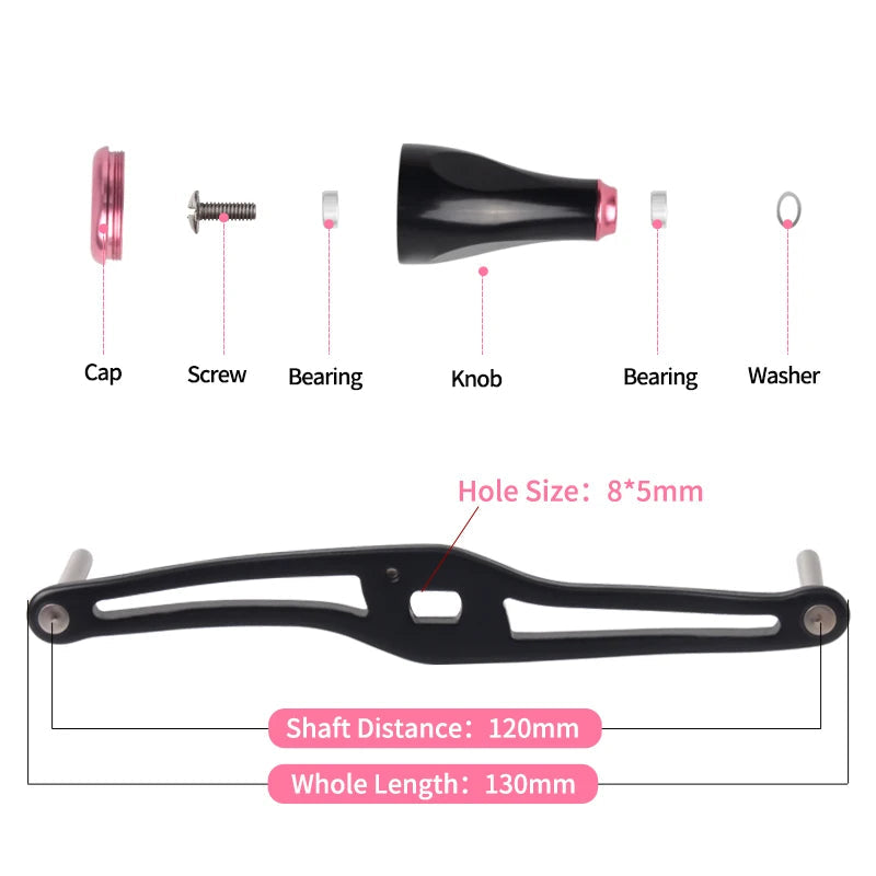 KAWA aluminium double reel handle measurement diagram showing 130 mm length and assembly hole sizing