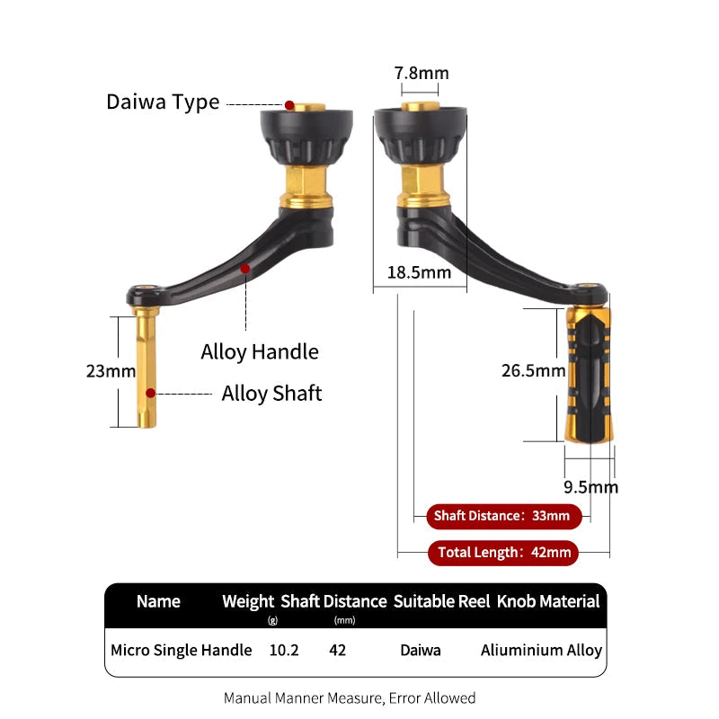 KAWA gold and black aluminium handle with measurement overlay showing reel compatibility specifications