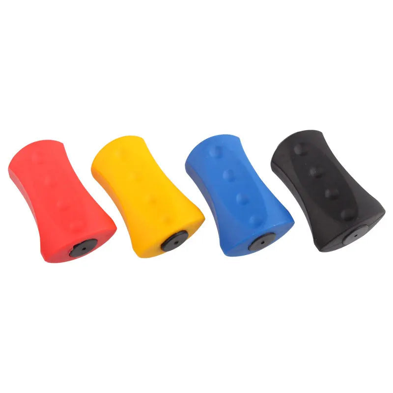 KAWA aluminium handle grip replacements in red, yellow, blue, and black, showing ergonomic textured surface for improved reel control