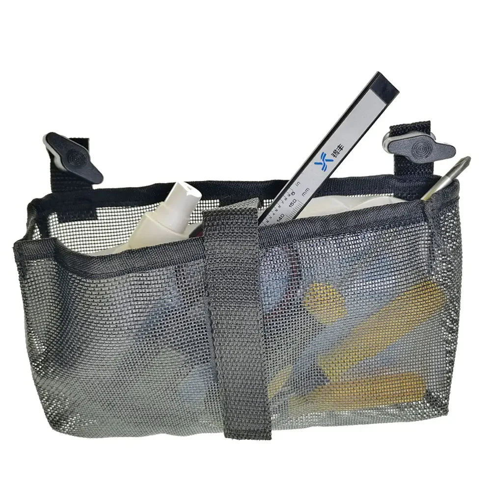 Kayak mesh storage bag side view with tools