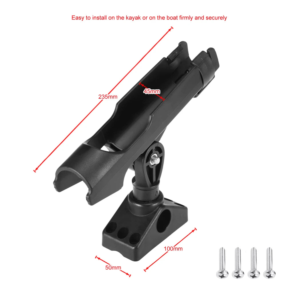 Dimension diagram of adjustable kayak fishing rod holder showing stainless screws and mounting base