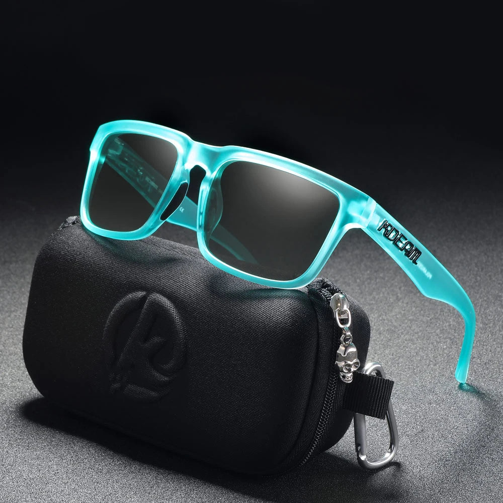 KDEAM blue polarised sunglasses with UV400 protection and square TR90 frame, displayed with case