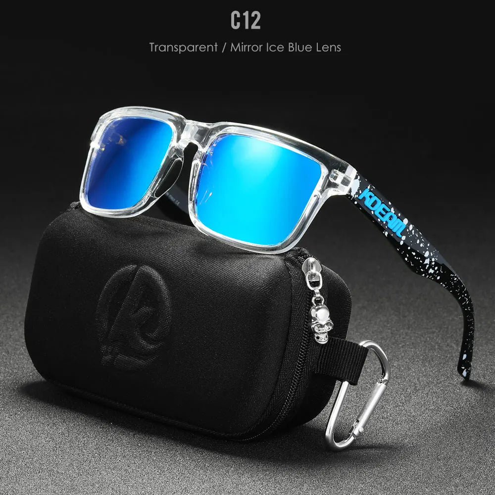 KDEAM transparent frame sunglasses with blue mirror polarised UV400 lenses and carry case