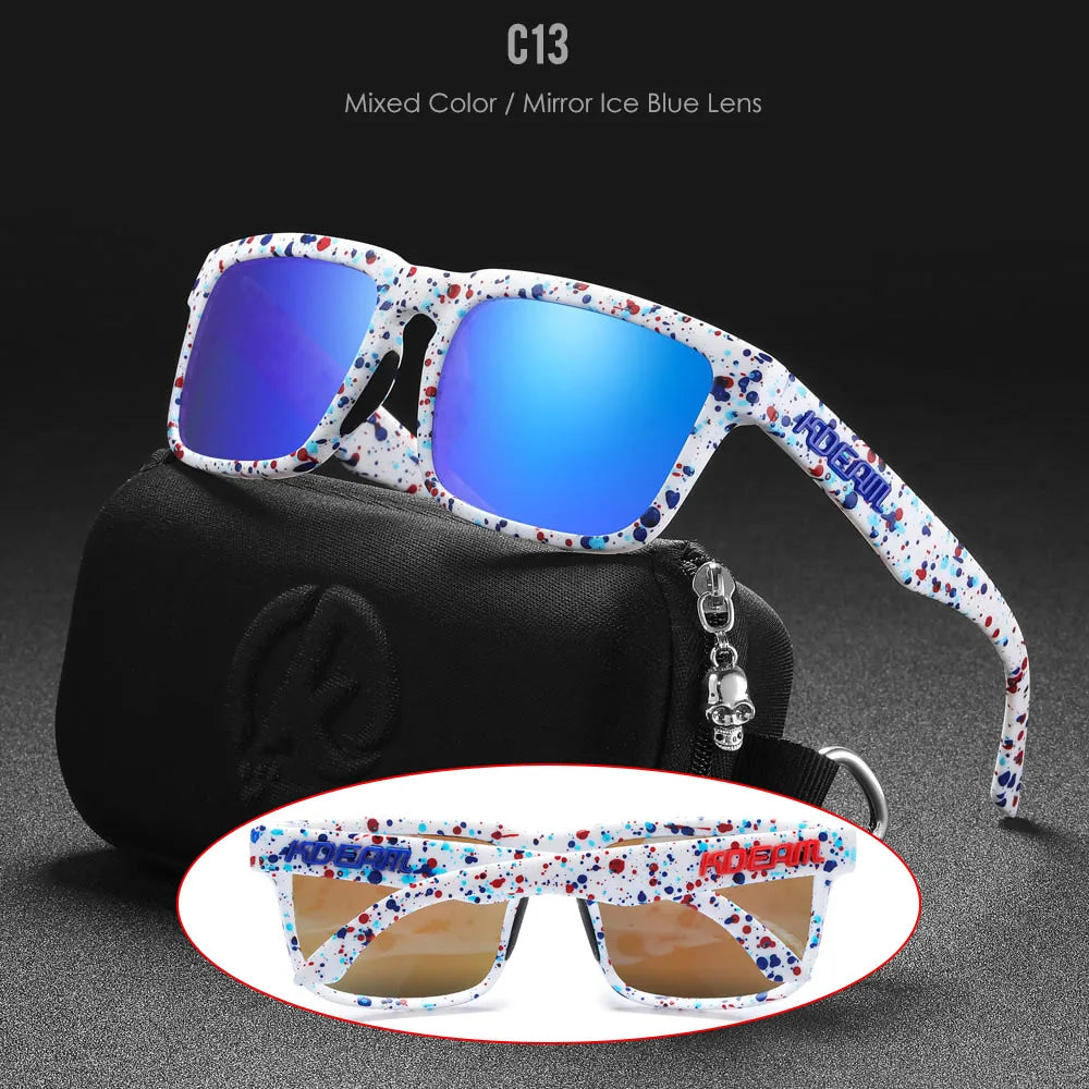 KDEAM speckled frame polarised sunglasses with blue mirror lenses and UV400 sun protection