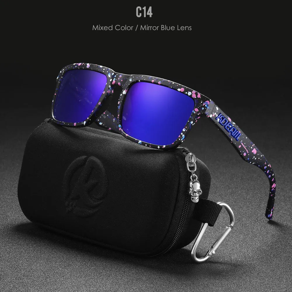 KDEAM purple mirror polarised sunglasses with colourful speckled frame and protective carry case