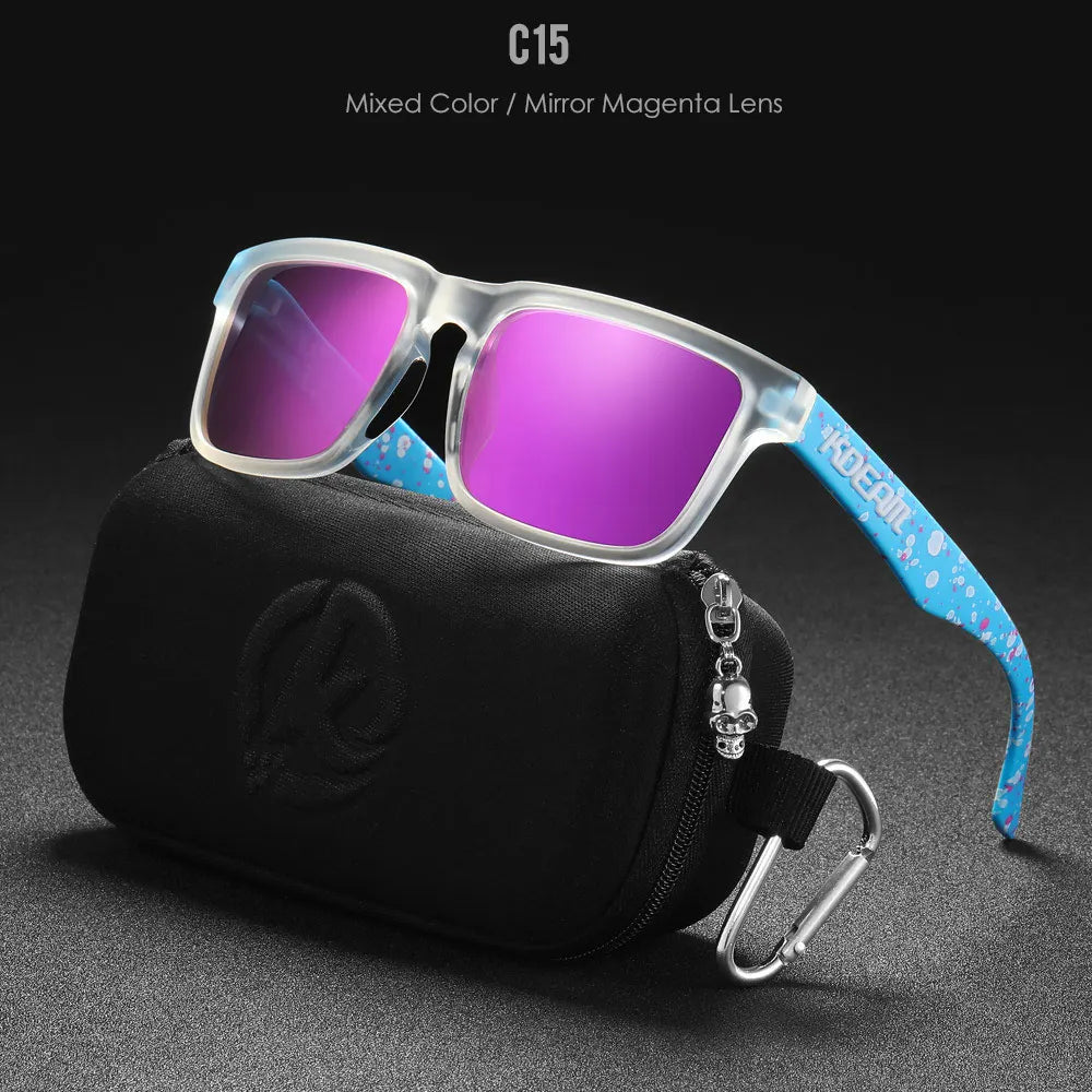 KDEAM magenta mirror polarised sunglasses with multicolour speckled frame and UV400 lenses