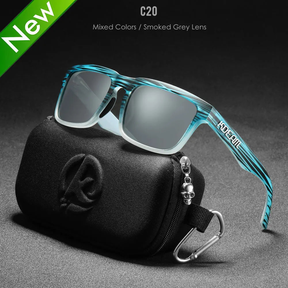 KDEAM aqua blue frame sunglasses with grey polarised lenses and matching carry case
