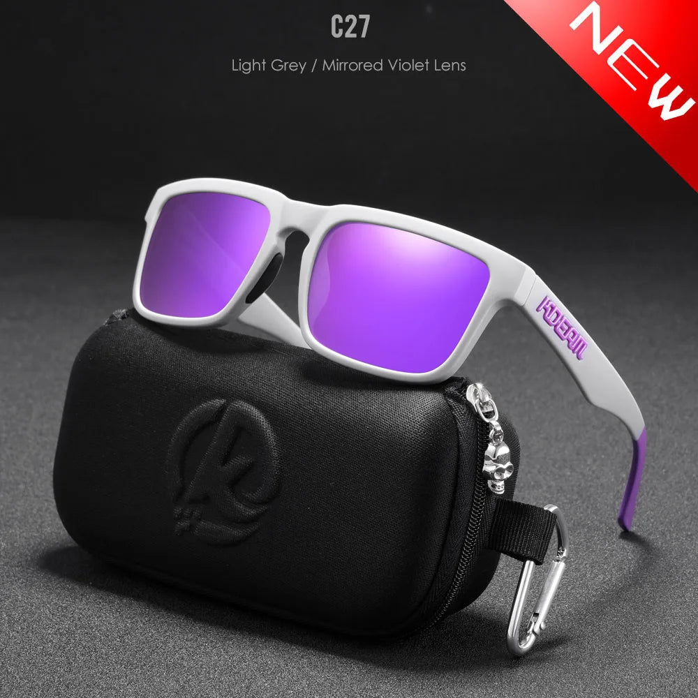 KDEAM white frame sunglasses with purple mirror polarised lenses and sleek hard case